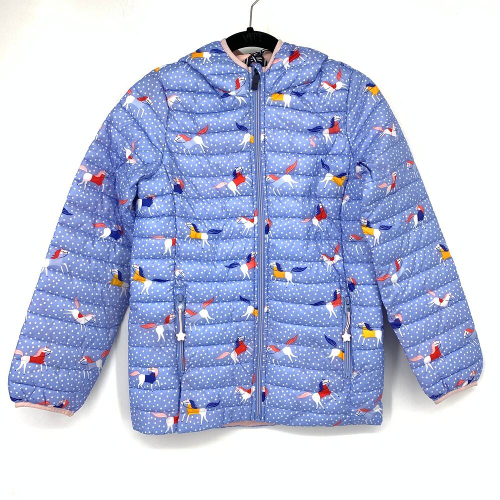Joules Right As Rain Collection Girls Sz 12 Rain Jacket Blue Spotted Horses NEW